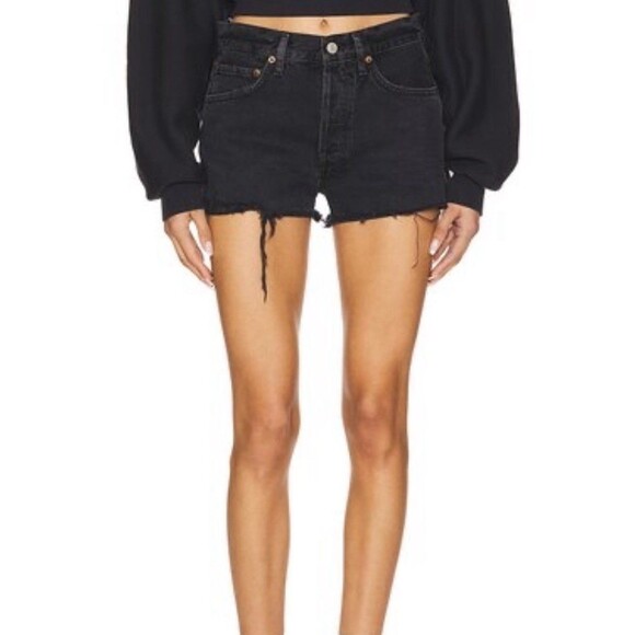 Agolde Parker Shorts Size 25 Black Cut Off Button Fly Raw‎ Hem Distressed $148 - Picture 2 of 11